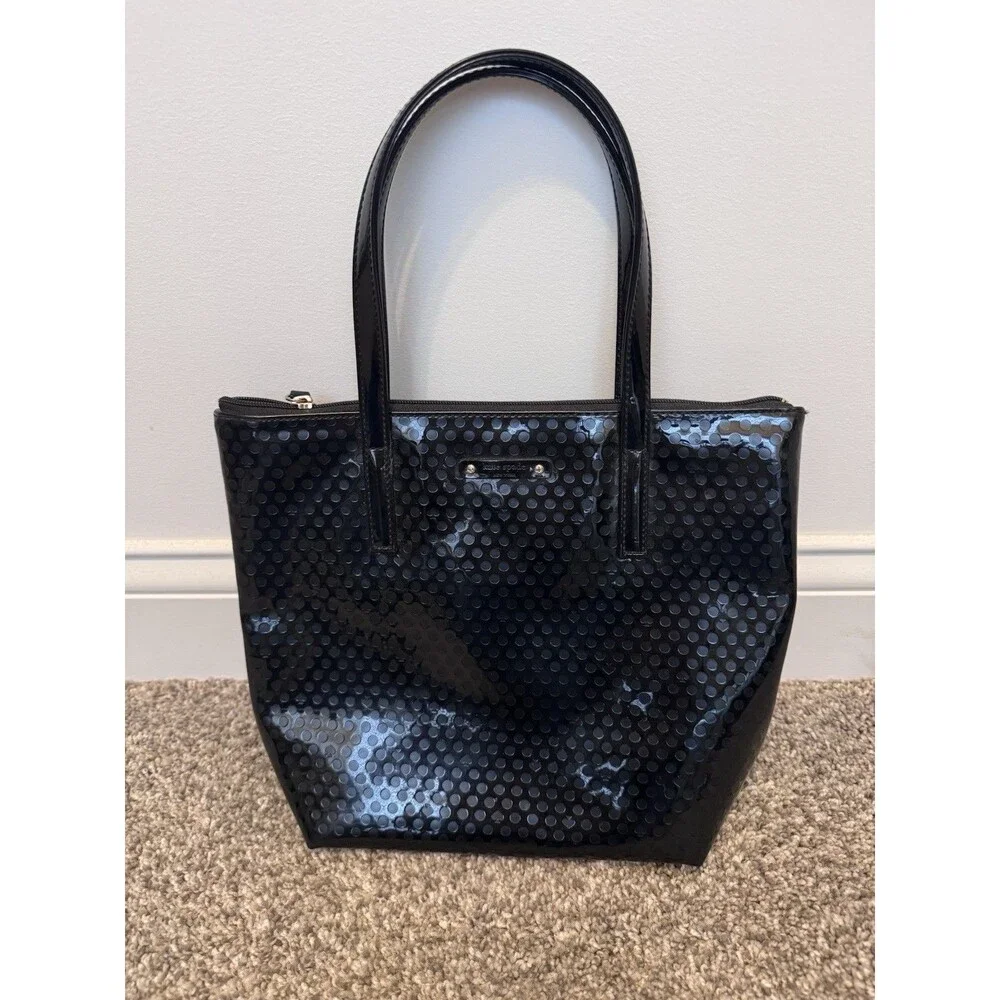 Kate Spade Womens Embossed  Patent, Tote Black Polka Dot, Preowned